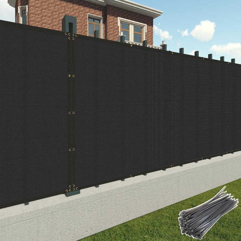 Patio 6 x 50 Fence Privacy Screen Black Commercial Grade Mesh Shade Fabric with Brass Gromment Outdoor Windscreen with Zipties - Image 1